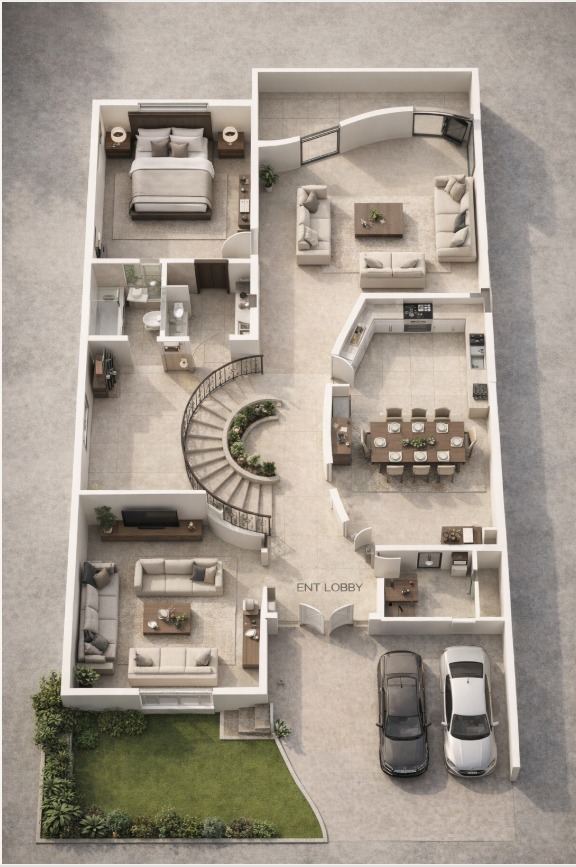 Photoreal top-down render of the same home